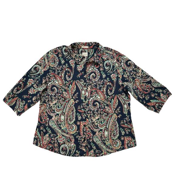 CHICOS No Iron Blue Pink Multi Paisley Button Up Shirt Size XL (3) *READ* - Picture 4 of 11